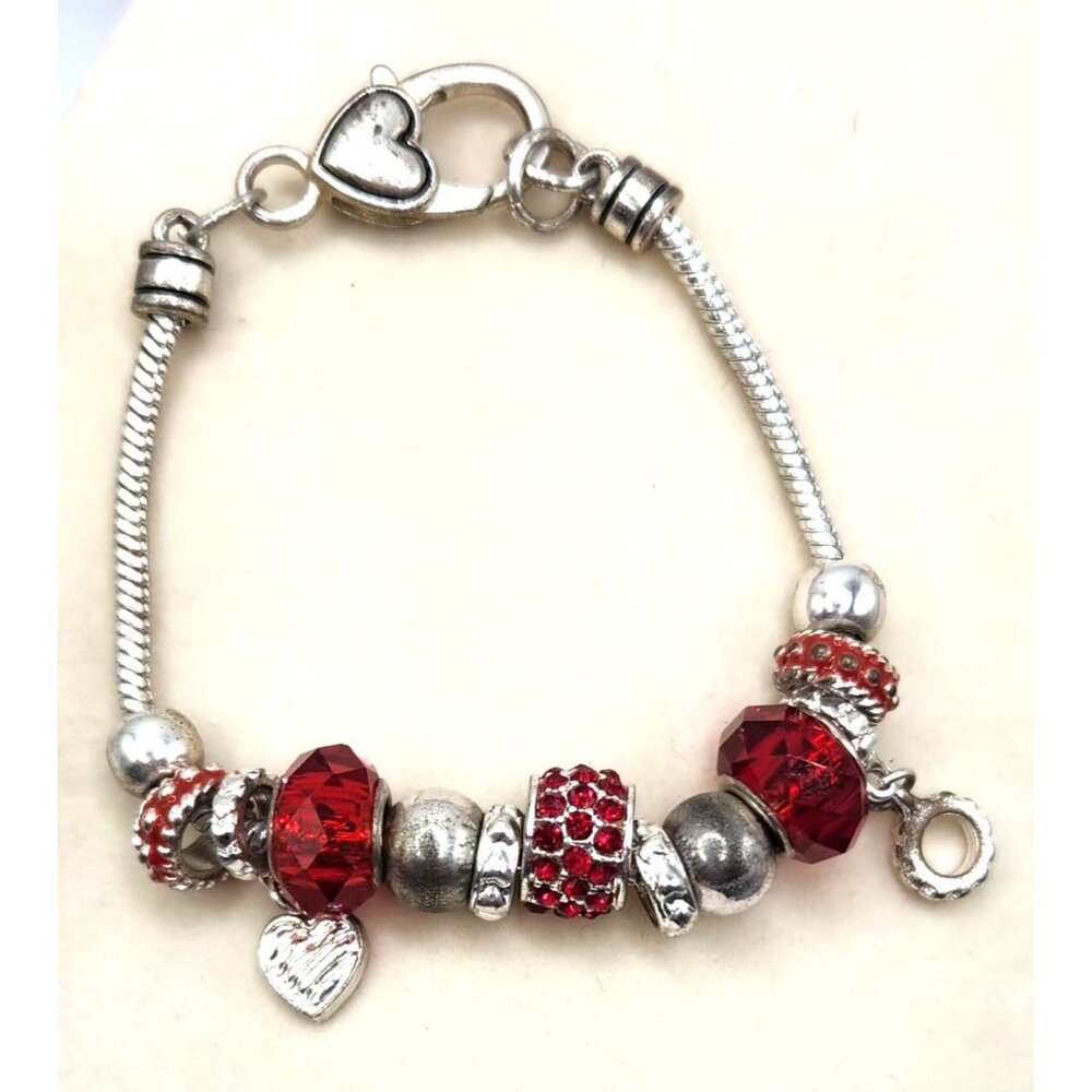 Silver Red Crystal Heart Charm Bracelet
